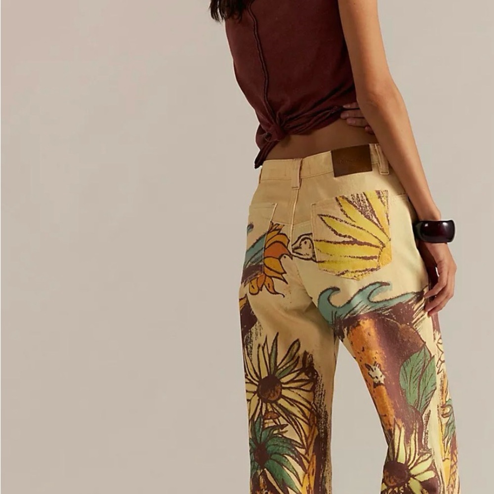 Free People Yellow Botanical Print Wide-Leg Jeans - Picture 2 of 6